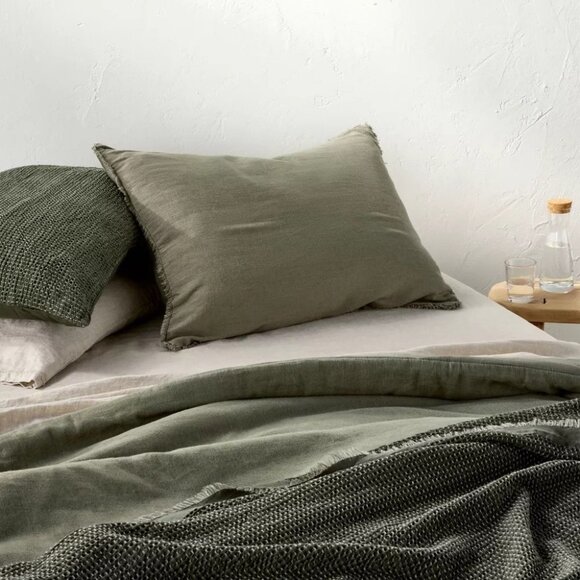 Casaluna Heavyweight Linen Blend Olive Green Standard 20" x 26" Pillow Sham - Picture 1 of 5